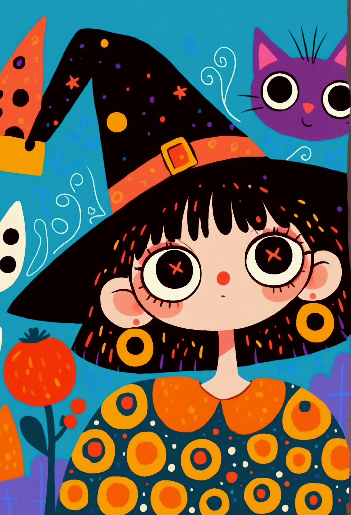 Flat wind，vector， childish art cartoon ，cute girl wearing a witch hat,Big eyes，Round eyes，Red Nose， Lovely Expressions ，Black Cat，Minimalism，Lovely art style,  colorful ! Digital illustration style, The Art of Mathematics. 