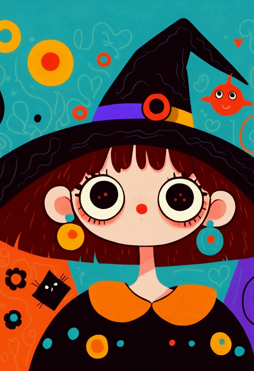 Flat wind，vector， childish art cartoon ，cute girl wearing a witch hat,Big eyes，Round eyes，Red Nose， Lovely Expressions ，Black Cat，Minimalism，Lovely art style,  colorful ! Digital illustration style, The Art of Mathematics. 