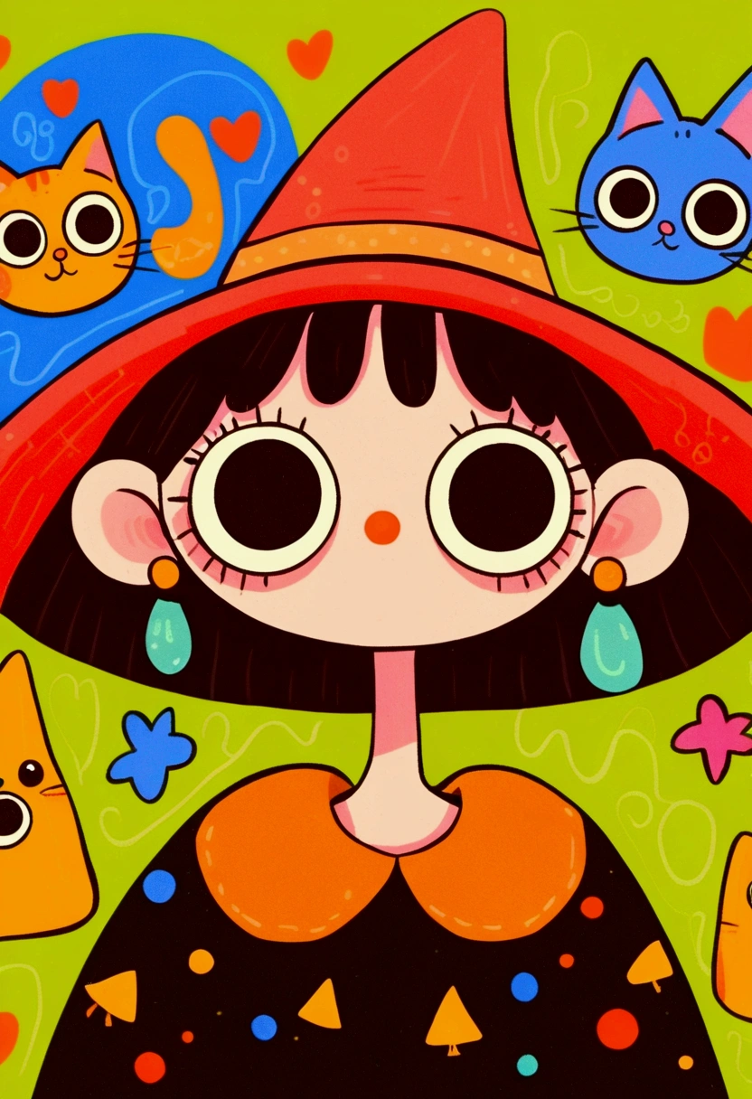 Flat wind，vector， childish art cartoon ，cute girl wearing a witch hat,Big eyes，Round eyes，Red Nose， Lovely Expressions ，Black Cat，Minimalism，Lovely art style,  colorful ! Digital illustration style, The Art of Mathematics. 