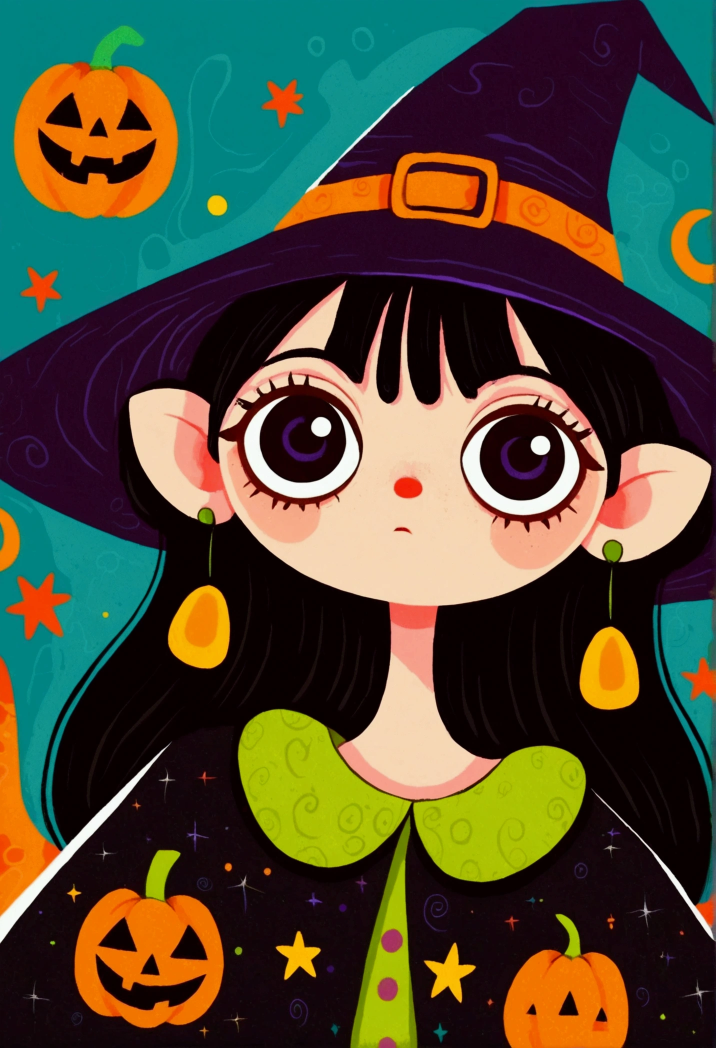 Halloween theme，Flat wind，vector， childish art cartoon ，cute girl wearing a witch hat,Big eyes，Round eyes，Red Nose， Lovely Expressions ，Minimalism，Lovely art style,  colorful ! Digital illustration style, The Art of Mathematics. 