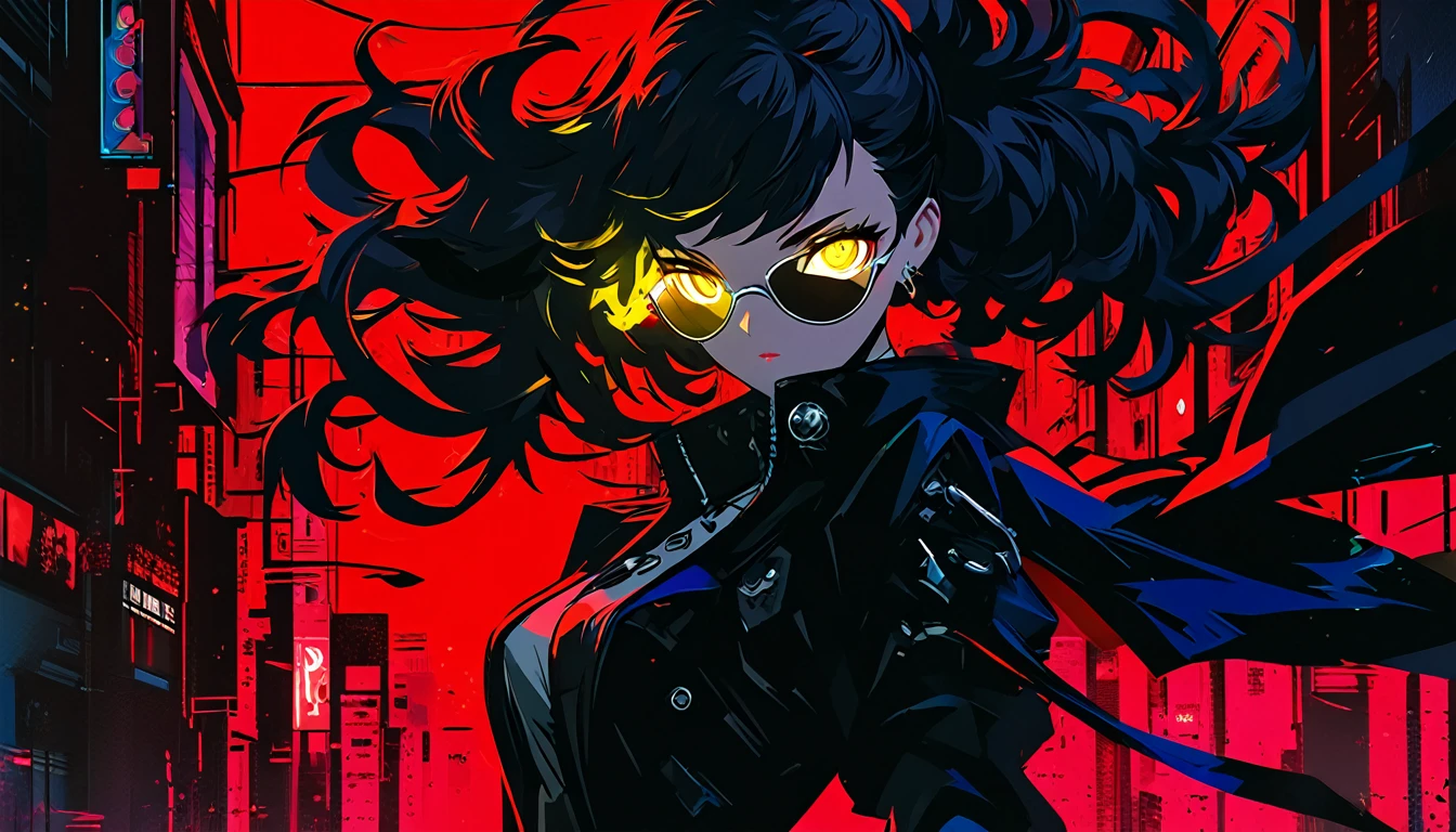  anime girl with sunglasses in her hair,  Guweiz style artwork ,  digital illustration style ,  animation style  일러스트,  animation style  4k, Yellow eyed , with glowing eyes,  animation style . 8k, author：heroes,   Persona 5 art style WLOP  ,  Morning City ,  Very Detailed ,  surreal , 8k