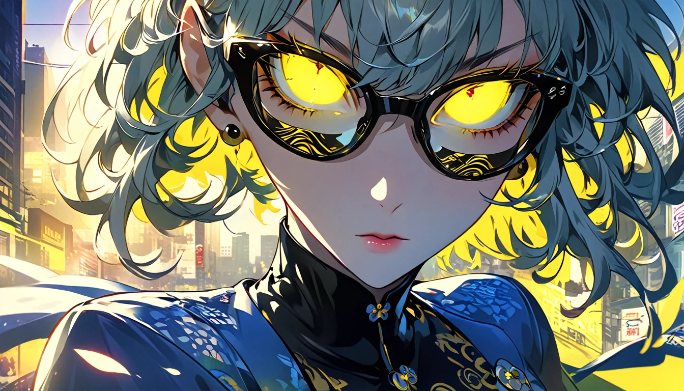  anime girl with sunglasses in her hair,  Guweiz style artwork ,  digital illustration style ,  animation style  일러스트,  animation style  4k, Yellow eyed , with glowing eyes,  animation style . 8k, author：heroes,   Persona 5 art style WLOP  ,  Morning City ,  Very Detailed ,  surreal , 8k