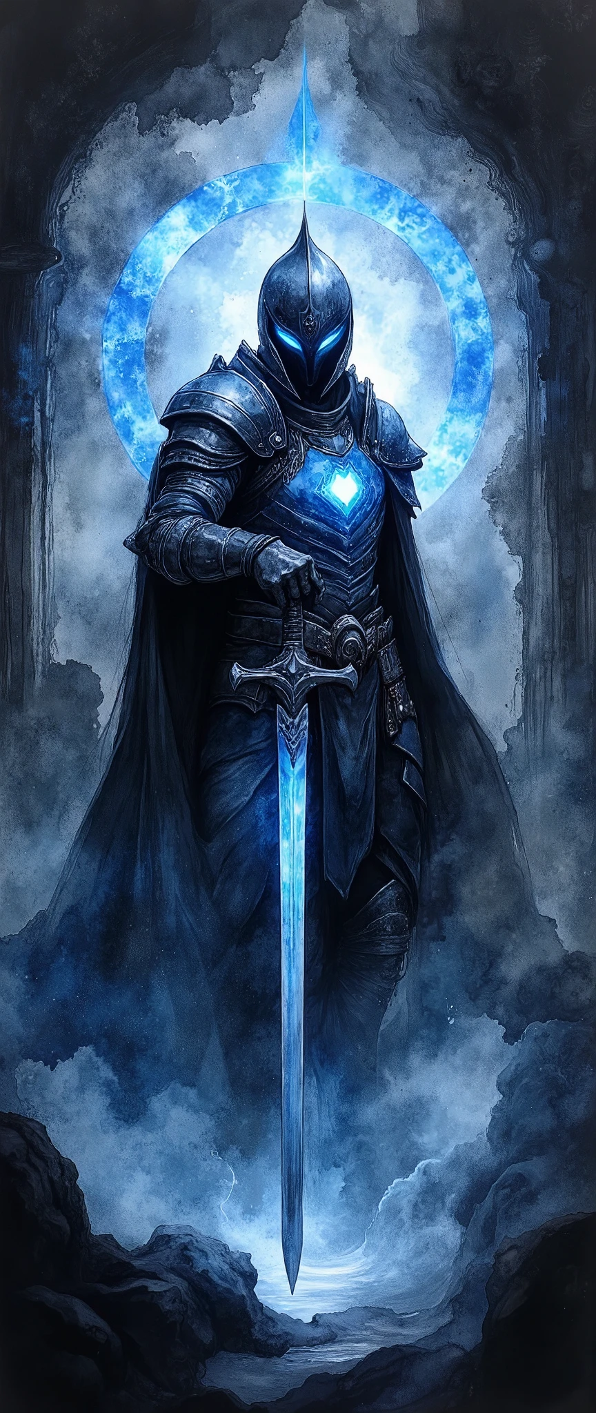 (masterpiece:1.2,Exceptional Quality,Mirror-like, Cinematic Experience , best illustration ,Super detailed),8k,,wallpaper( Dark Soul Style ),(Watercolor),(Knight of the Abyss ), Abyss Sword ,, Abyss Shield , Abyss Armor ,( Blue Glowing Eyes :2.0),(1 person),( The background is a beautiful gradation of black, gray, and blue),(The background is abysmal:2.0)