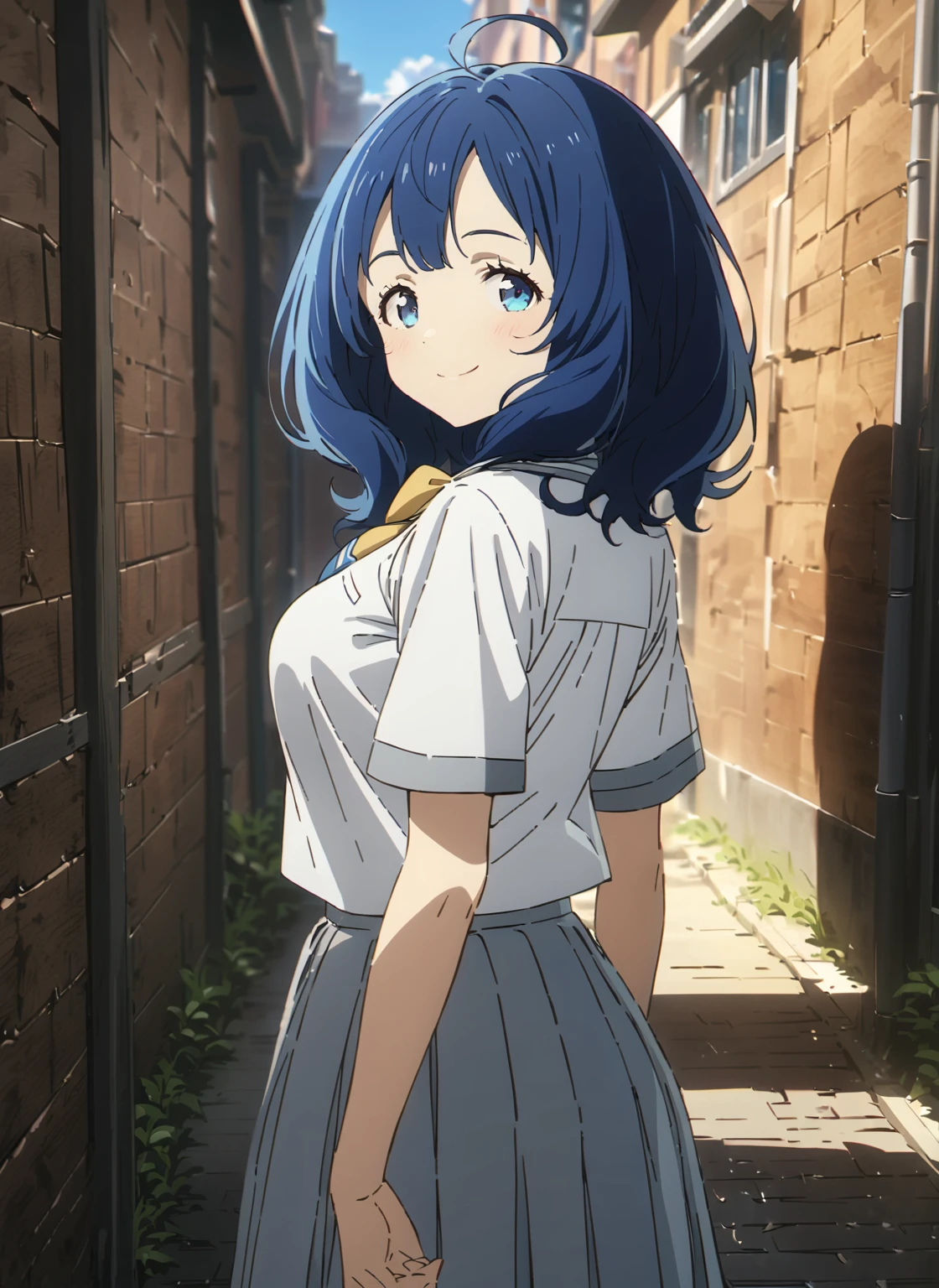 yanamianna, medium hair, ahoge,blue hair,blue eyes, medium breasts, (happy smile:1.2), school uniform, gray skirt, pointed away, (turn back face:1.2), from behind, emphasis breasts, fantacy street, full-body shot, best quality, high quality, ultra-detailed, high resolution, best quality, detailed background, super detailed, detailed shading, solo, alone,