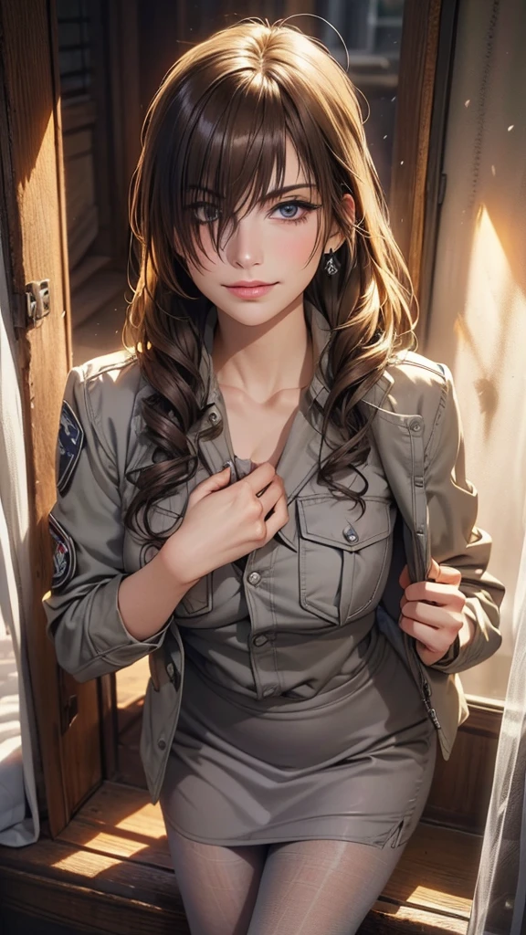 (masterpiece:1.3, top-quality, ultra high res, ultra detailed), (realistic, photorealistic:1.4), beautiful illustration, perfect lighting, natural lighting, colorful, depth of fields, detailed cloth texture, 
beautiful detailed hair, beautiful detailed face, beautiful detailed eyes, beautiful clavicle, beautiful body, beautiful chest, beautiful thigh, beautiful legs, beautiful fingers, shiny skin, 
looking at viewer, 1 girl, clerk, 19 years old, (perfect anatomy, anatomically correct, super detailed skin), cute and symmetrical face, babyface, perfect face, perfect eyes, , 
(long hair:1.7, half updo, sideburns:1.4, light brown hair), swept bangs, maroon eyes, big eyes, long eye lasher, (medium breasts, seductive thighs), slender, skin dendation, 
((dark grey jacket, close jacket, dark grey tight skirt, light blue collared shirt), brown pantyhose), 
(beautiful scenery), summer, evening, (office:1.2), standing, leaning forward, (lovely smile, upper eyes, parted lips), 