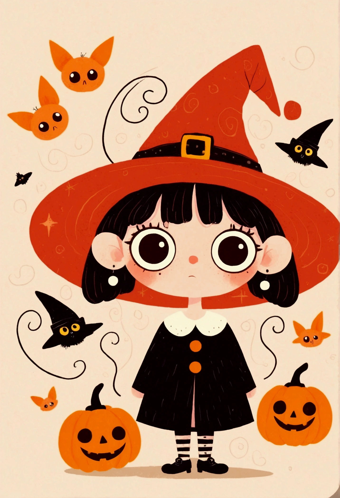 Halloween theme，Flat wind，vector， childish art cartoon ，cute girl wearing a witch hat,Big eyes，Round eyes，Red Nose， Lovely Expressions ，Minimalism，Lovely art style,  colorful ! Digital illustration style, The Art of Mathematics. 