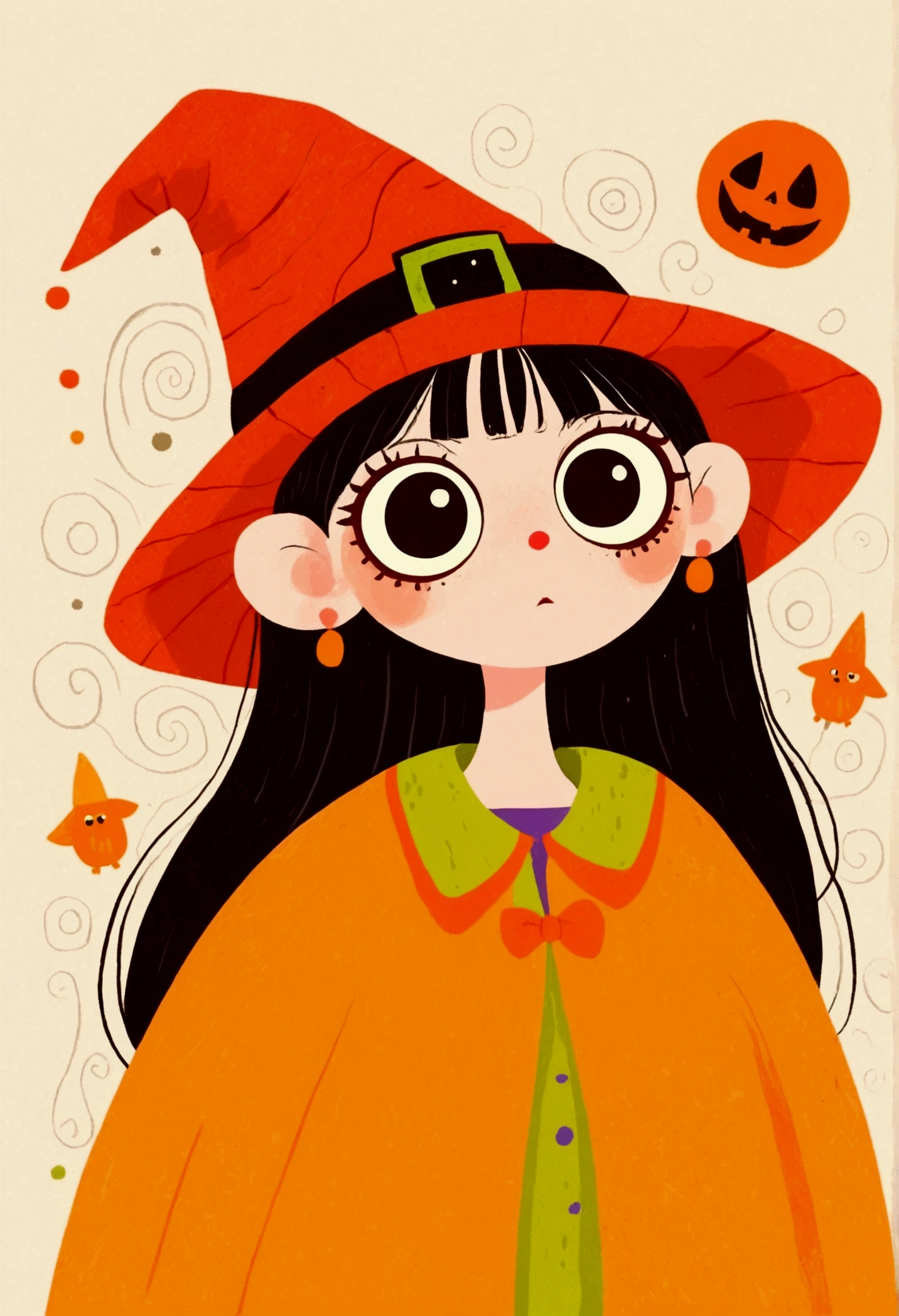 Halloween theme，Flat wind，vector， childish art cartoon ，cute girl wearing a witch hat,Big eyes，Round eyes，Red Nose， Lovely Expressions ，Minimalism，Lovely art style,  colorful ! Digital illustration style, The Art of Mathematics. 