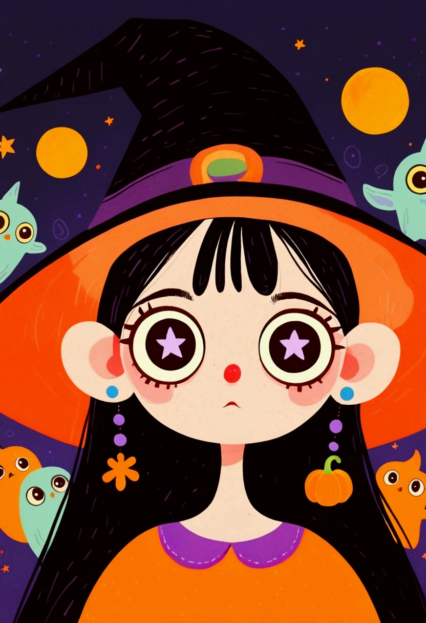 Halloween theme，Flat wind，vector， childish art cartoon ，cute girl wearing a witch hat,Big eyes，Round eyes，Red Nose， Lovely Expressions ，Minimalism，Lovely art style,  colorful ! Digital illustration style, The Art of Mathematics. 