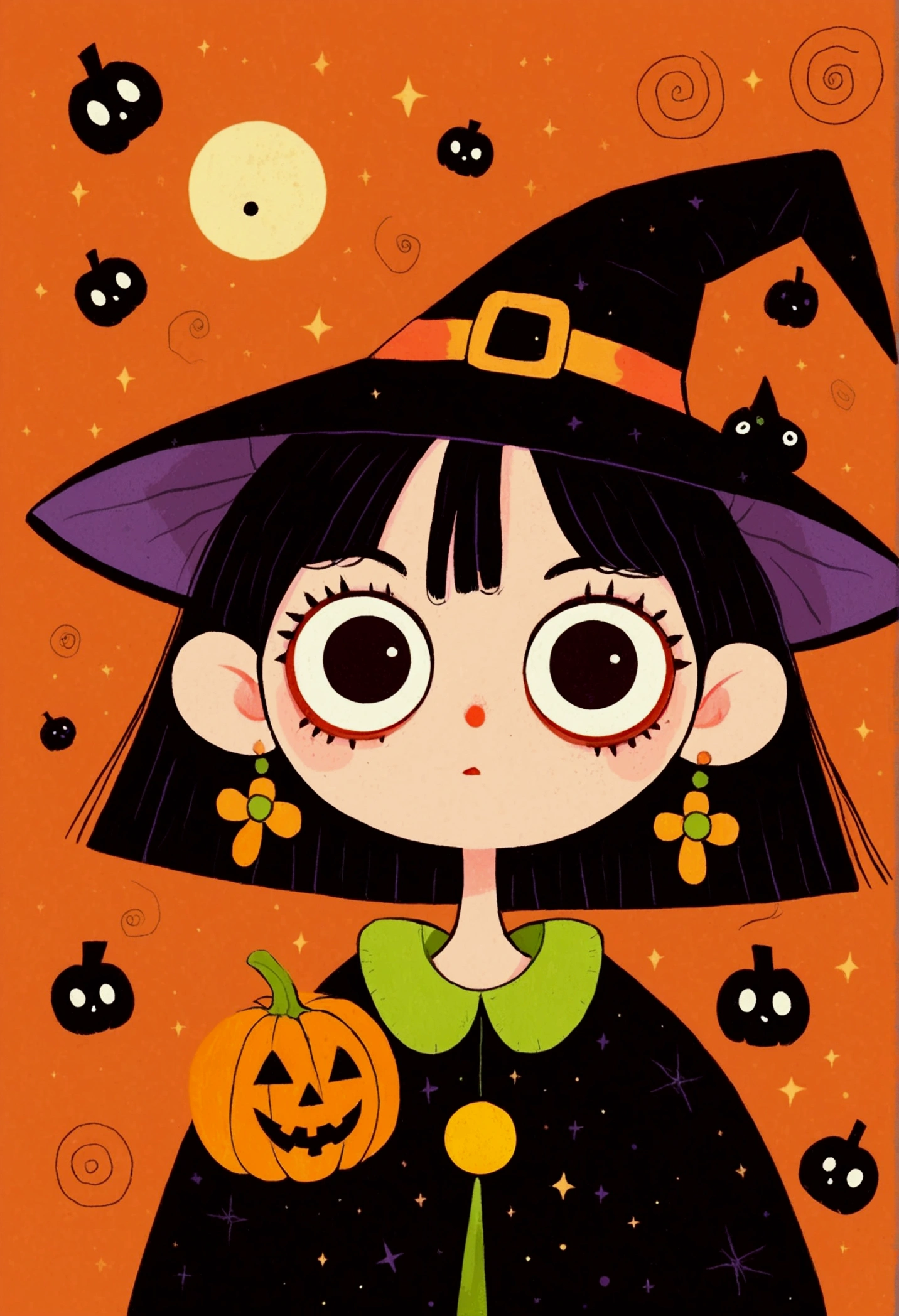 Halloween theme，Flat wind，vector， childish art cartoon ，cute witch ,Big eyes，Round eyes，Red Nose， Lovely Expressions ，Minimalism，Lovely art style,  colorful ! Digital illustration style, The Art of Mathematics. 