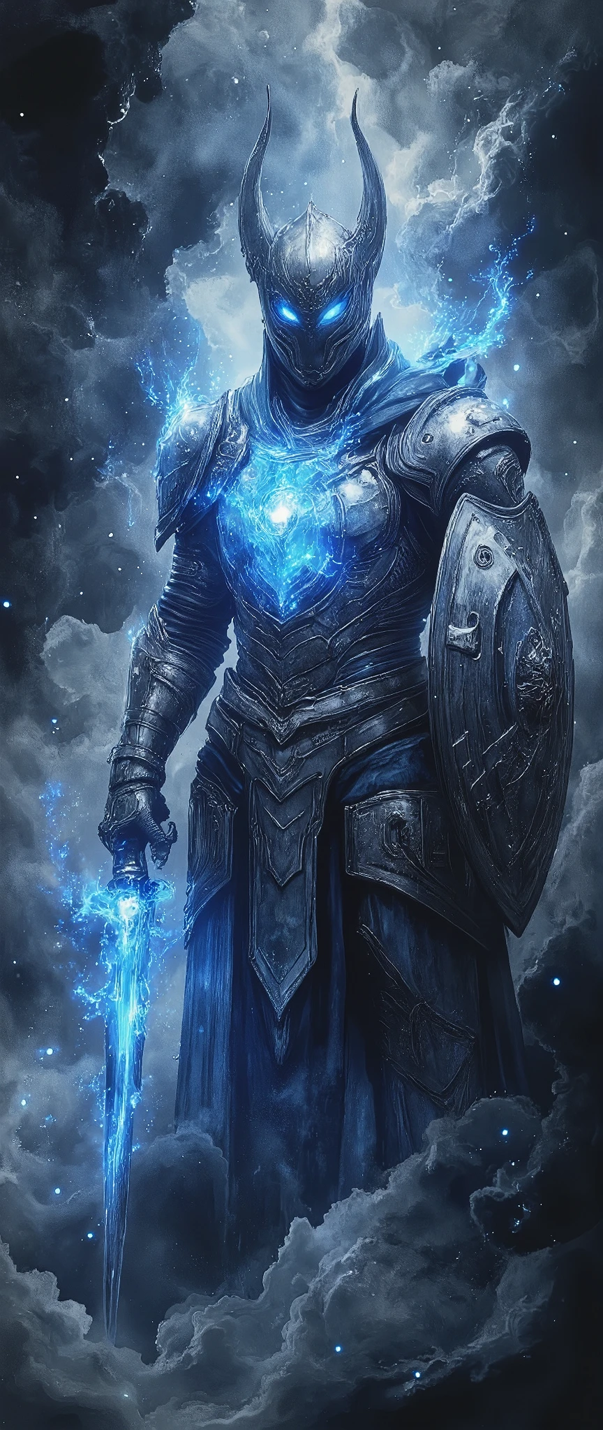 (masterpiece:1.2,Exceptional Quality,Mirror-like, Cinematic Experience , best illustration ,Super detailed),8k,,wallpaper( Dark Soul Style ),(Watercolor),(Knight of the Abyss ), Abyss Sword ,, Abyss Shield , Abyss Armor ,( Blue Glowing Eyes :2.0),(1 person),( The background is a beautiful gradation of black, gray, and blue),(The background is abysmal:2.0)