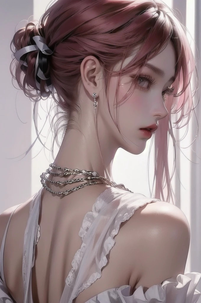 Take a picture of the entire top of the head、fashion,nice, bust up、地雷fashion、ribbon、Frills、Stylish hairstyle、Pink Hair、Soft、kind、Profile beauty