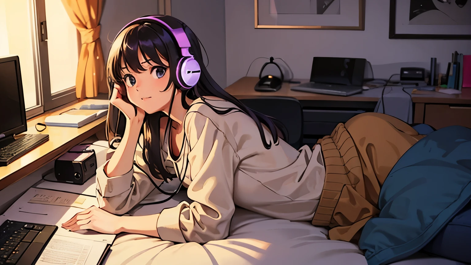 At midnight, a girl wearing headphones is listening to jazz on her computer in her room.