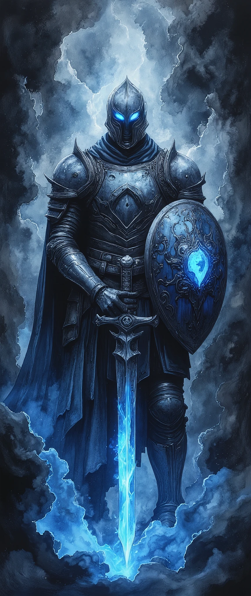 (masterpiece:1.2,Exceptional Quality,Mirror-like, Cinematic Experience , best illustration ,Super detailed),8k,,wallpaper( Dark Soul Style ),(Watercolor),(Knight of the Abyss ), Abyss Sword ,, Abyss Shield , Abyss Armor ,( Blue Glowing Eyes :2.0),(1 person),( The background is a beautiful gradation of black, gray, and blue),(The background is abysmal:2.0)