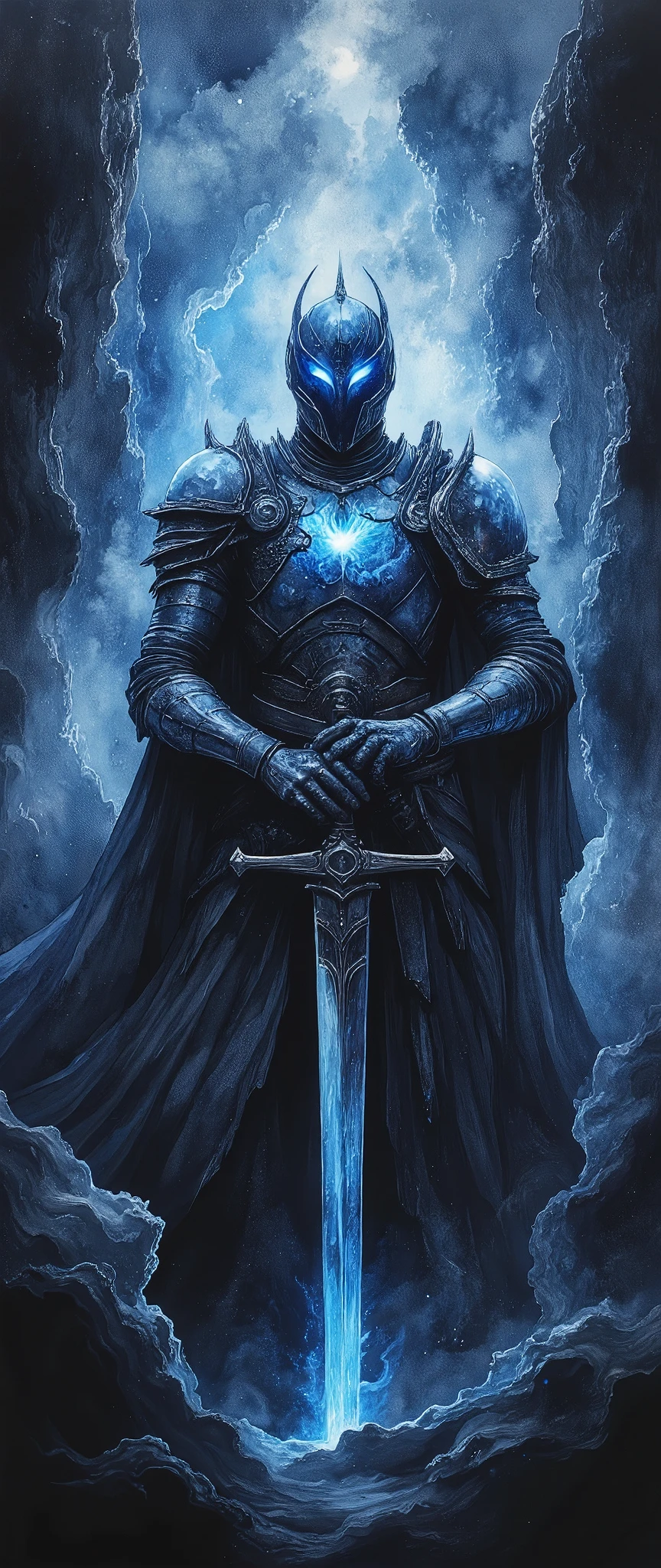 (masterpiece:1.2,Exceptional Quality,Mirror-like, Cinematic Experience , best illustration ,Super detailed),8k,,wallpaper( Dark Soul Style ),(Watercolor),(Knight of the Abyss ), Abyss Sword ,, Abyss Shield , Abyss Armor ,( Blue Glowing Eyes :2.0),(1 person),( The background is a beautiful gradation of black, gray, and blue),(The background is abysmal:2.0)