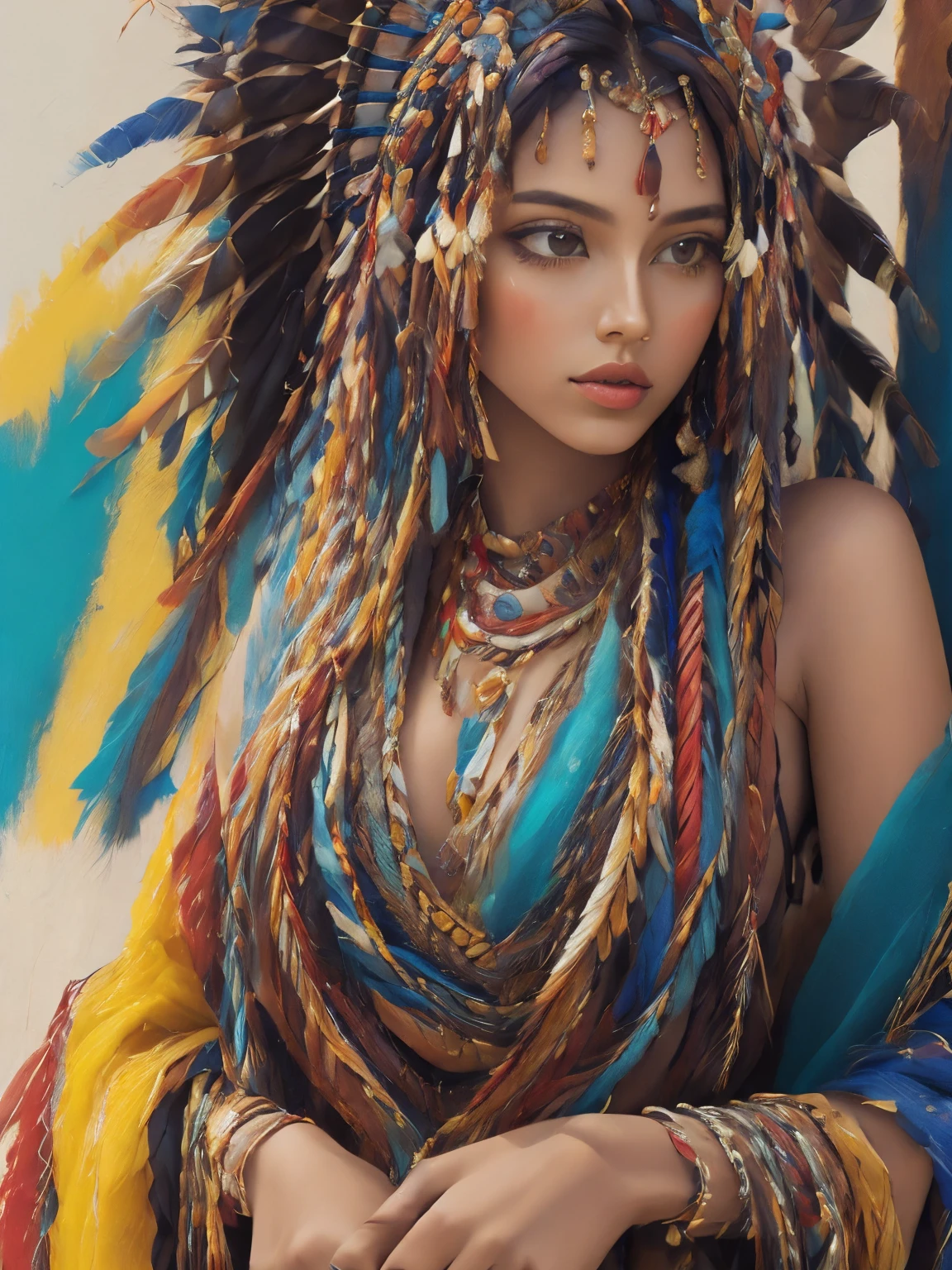 close up composite oil painting of a beautiful girl with native american arts, strapless silk gown, multicolored inner hair, dynamic pose, abstract, surrealism, brush strokes, impasto, soft colors, dual tones