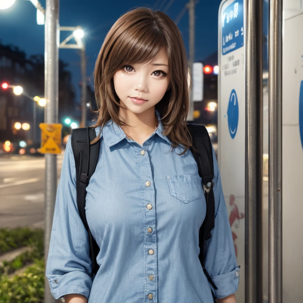 (masterpiece, Best Quality, Front View,  1 Girl, Bright Eyes, eyelash, Detailed face),  cowboy shot, Brown Hair,  Medium Wave Hair,  watching viewers , medium breasts,   that tears clothes from the front , standing, Model pose, BREAK Night Bus Stop , ,   outdoor , ,