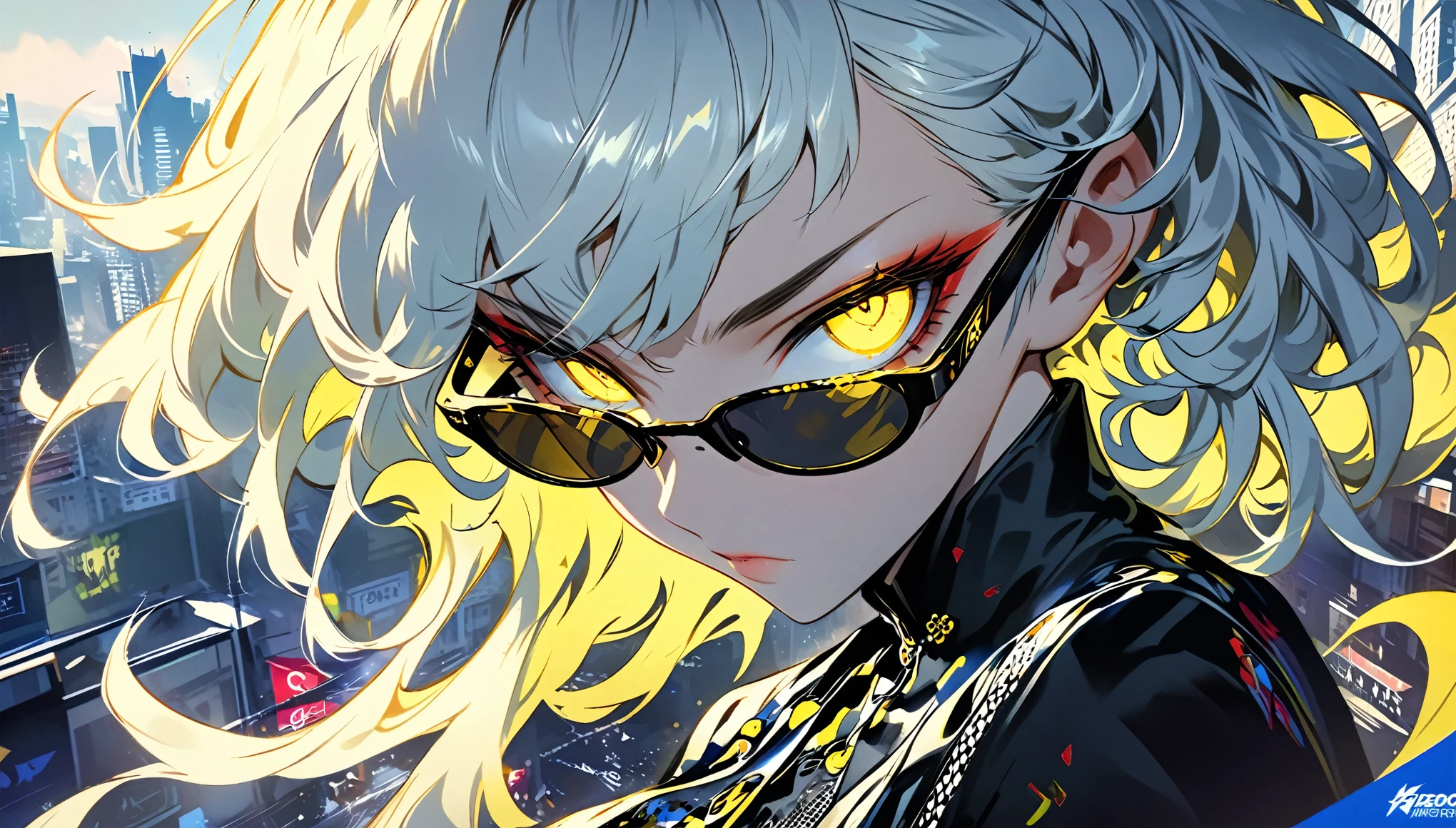  anime girl with sunglasses in her hair,  Guweiz style artwork ,  digital illustration style ,  animation style  일러스트,  animation style  4k, Yellow eyed , with glowing eyes,  animation style . 8k, author：heroes,   Persona 5 art style WLOP  ,  Morning City ,  Very Detailed ,  surreal , 8k