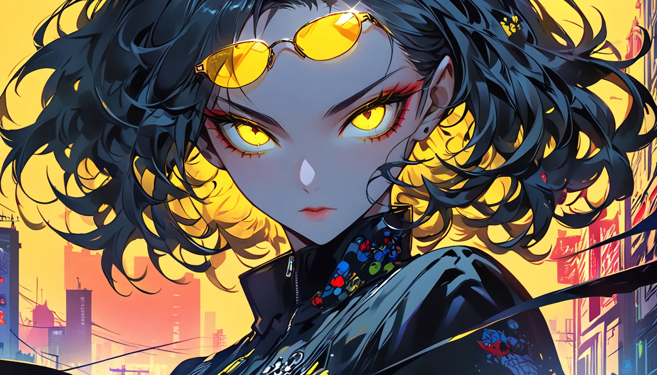  anime girl with sunglasses in her hair,  Guweiz style artwork ,  digital illustration style ,  animation style  일러스트,  animation style  4k, Yellow eyed , with glowing eyes,  animation style . 8k, author：heroes,   Persona 5 art style WLOP  ,  Morning City ,  Very Detailed ,  surreal , 8k