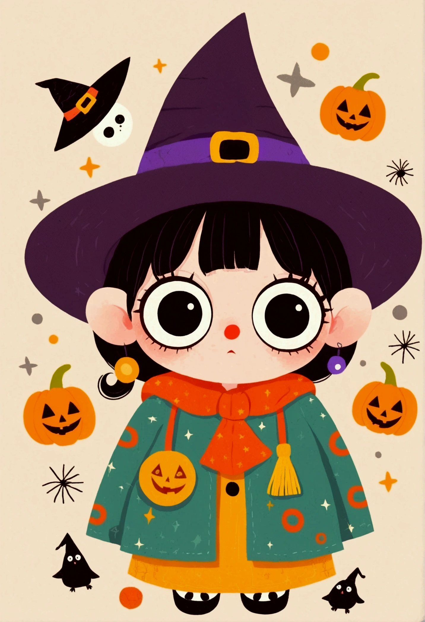 Halloween theme，Flat wind，vector， childish art cartoon ，cute girl wearing a witch hat,Big eyes，Round eyes，Red Nose， Lovely Expressions ，Minimalism，Lovely art style,  colorful ! Digital illustration style, The Art of Mathematics. 