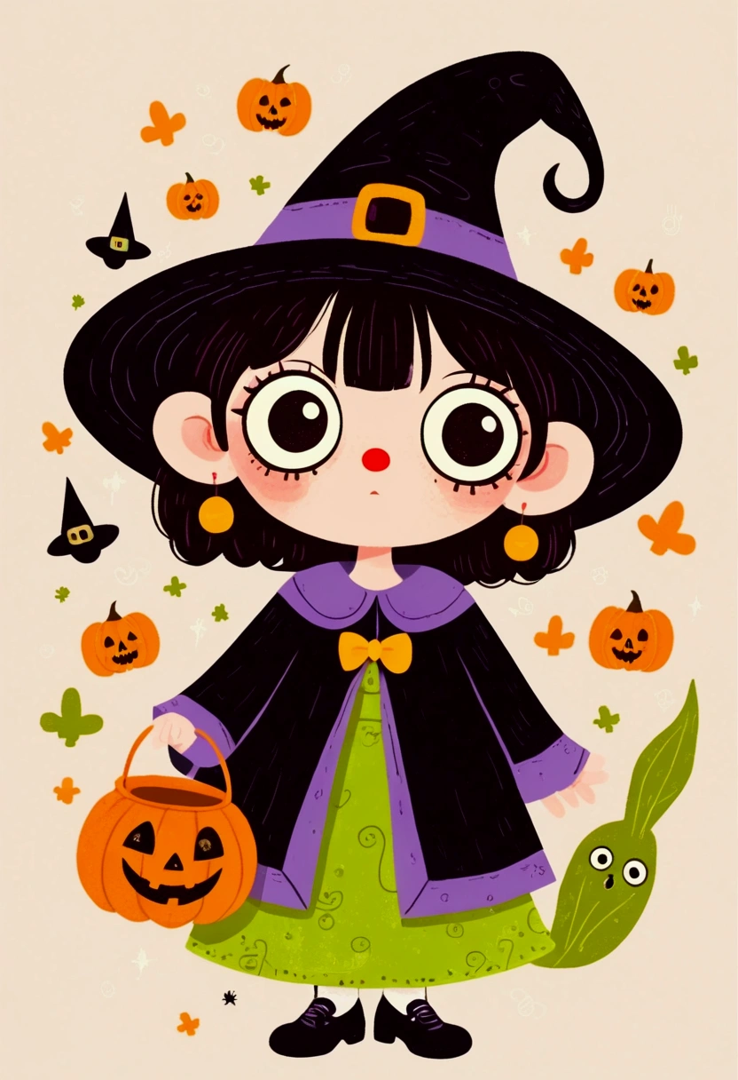 Halloween theme，Flat wind，vector， childish art cartoon ，cute girl wearing a witch hat,Big eyes，Round eyes，Red Nose， Lovely Expressions ，Minimalism，Lovely art style,  colorful ! Digital illustration style, The Art of Mathematics. 