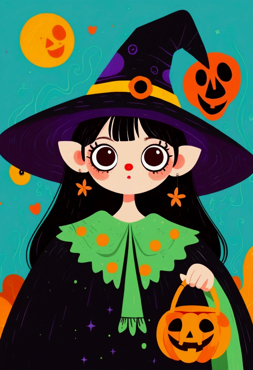 Halloween theme，Flat wind，vector， childish art cartoon ，cute girl wearing a witch hat,Big eyes，Round eyes，Red Nose， Lovely Expressions ，Minimalism，Lovely art style,  colorful ! Digital illustration style, The Art of Mathematics. 