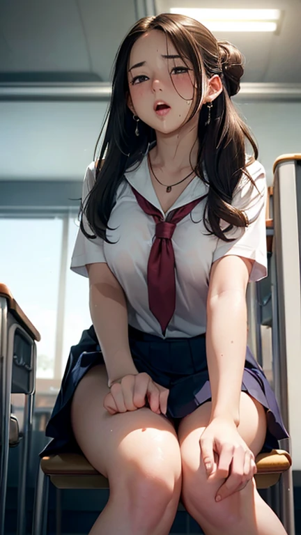 8K quality、High definition male、Gal high school girl、Brown long hair、Brown eyes、Star Necklace、High school classroom at dusk、Japanese school girl uniform、Beautiful legs、Beautiful thighs、Dignified face、Small breasts、Seduce、slender、Model Body Type、Ripe body、、Rolled up hem、White blouse with open chest、Wearing a navy blue jacket with the sleeves rolled up、Light blue skirt、Lift one leg、Open your mouth and take the penis、Realistic male genitalia、Realistic female genitalia