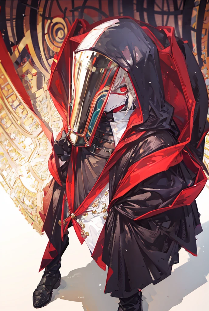 1boy, standing portrait, Central Focus, Centered, Fully in-frame, Solo, Standing still, zoomed out, Ritual Mask

Gender: male

Appearance: Ritual Mask, mysterious hooded figure in a long red hooded cloak wearing a medieval knight chestplate and a mask covering his whole face