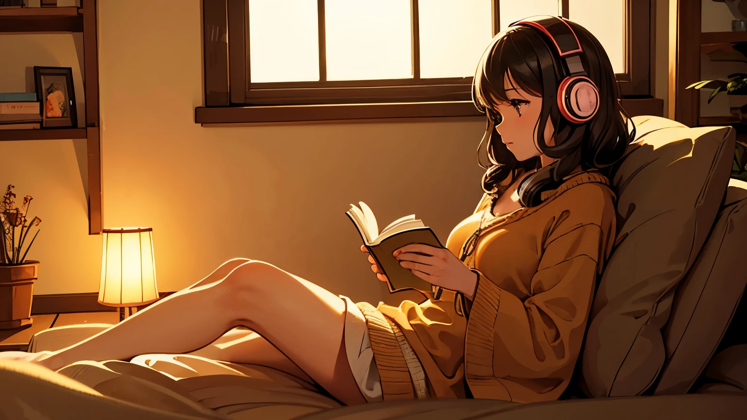 A warm-lit living room at midnight, where a girl wearing headphones is curled up in a comfy chair with a blanket, reading a book. A soft jazz vinyl is playing in the background, and the ambiance is enhanced by flickering candlelight.