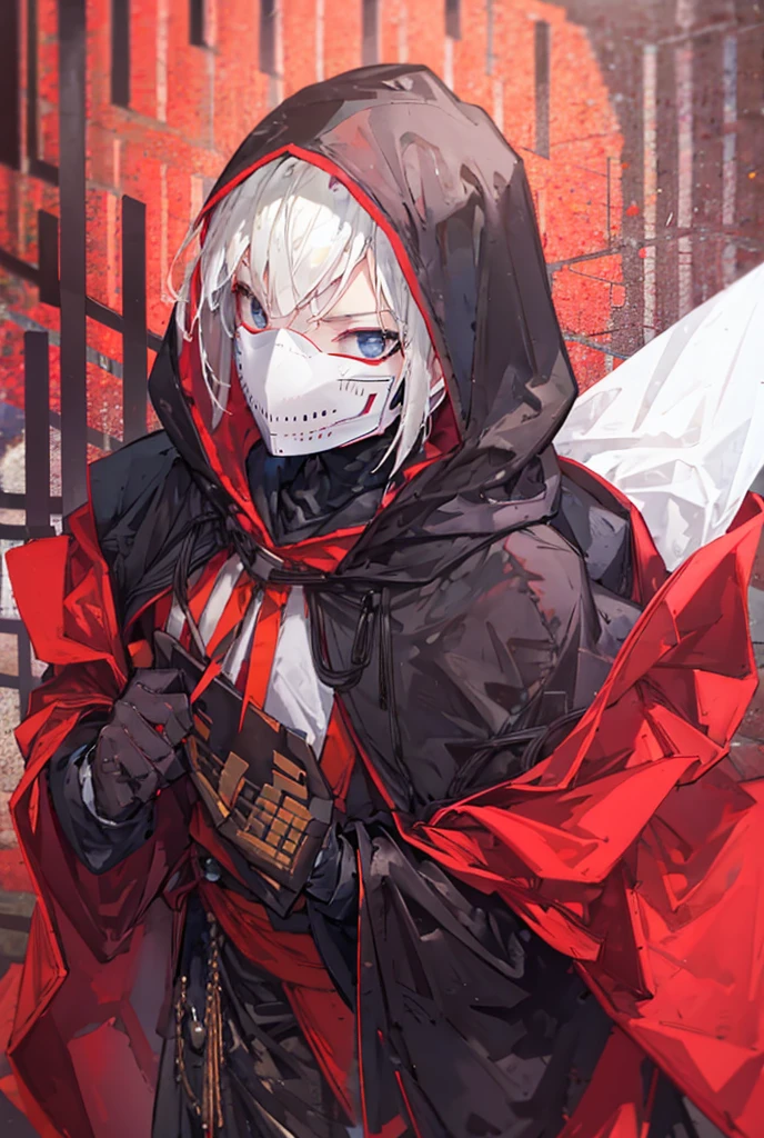 1boy, standing portrait, Central Focus, Centered, Fully in-frame, Solo, Standing still, zoomed out, Ritual Mask

Gender: male

Appearance: Ritual Mask, mysterious hooded figure in a long red hooded cloak wearing a medieval knight chestplate and a mask covering his entire face