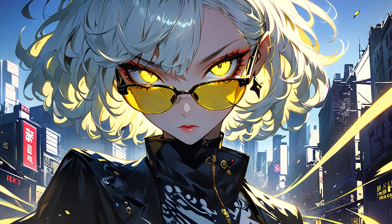  anime girl with sunglasses in her hair,  Guweiz style artwork ,  digital illustration style ,  animation style  일러스트,  animation style  4k, Yellow eyed , with glowing eyes,  animation style . 8k, author：heroes,   Persona 5 art style WLOP  ,  Morning City ,  Very Detailed ,  surreal , 8k