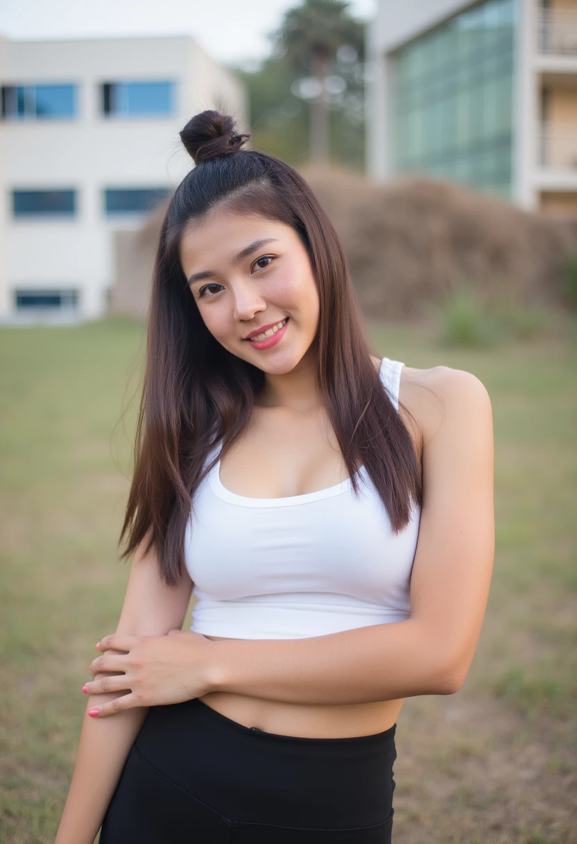 (A woman is standing outdoors, exuding confidence and joy. She has long dark hair styled into a high bun, and she's wearing a white sports bra that accentuates her athletic build. Her attire also consists of black