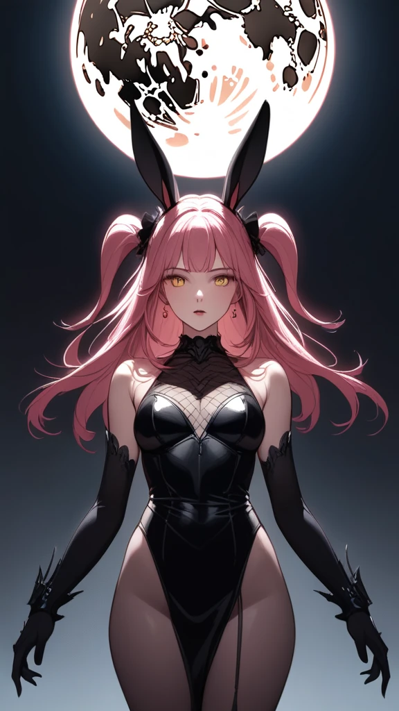 (masterpiece, best quality:1.2), 1 beautiful girl, detailed yellow eyes, detailed lips,detailed face and skin, long eyelashes, solo, black bunny ears, long pink hair, creepy, standing, queen, looking at viewer, full moon, night, dark, moody, atmospheric, cinematic lighting, dramatic shadows, surreal, horror, mystery, xenomorphs 