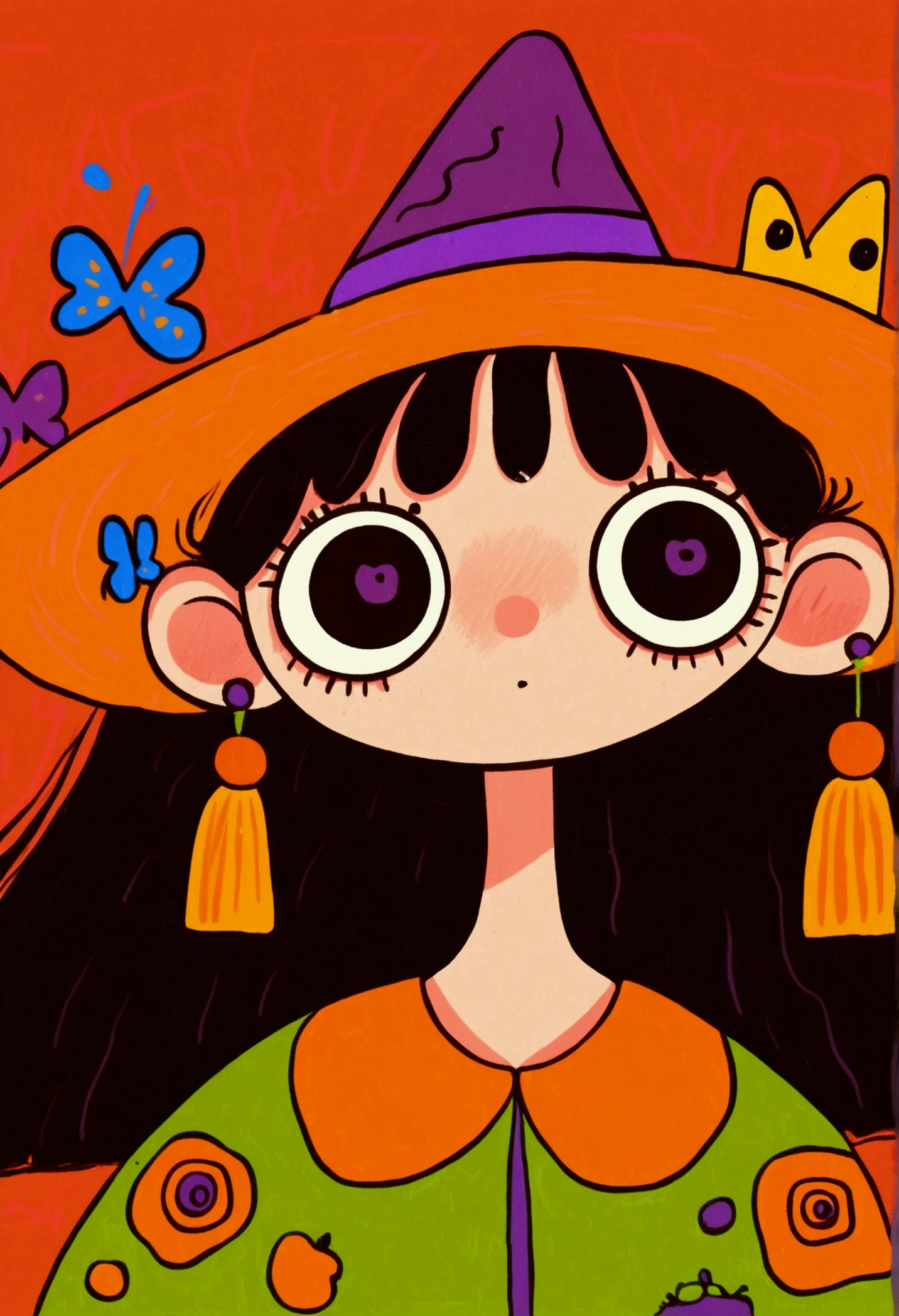 Halloween theme，Flat wind，vector， childish art cartoon ，cute girl wearing a witch hat,Big eyes，Round eyes，Red Nose， Lovely Expressions ，Minimalism，Lovely art style,  colorful ! Digital illustration style, The Art of Mathematics. 