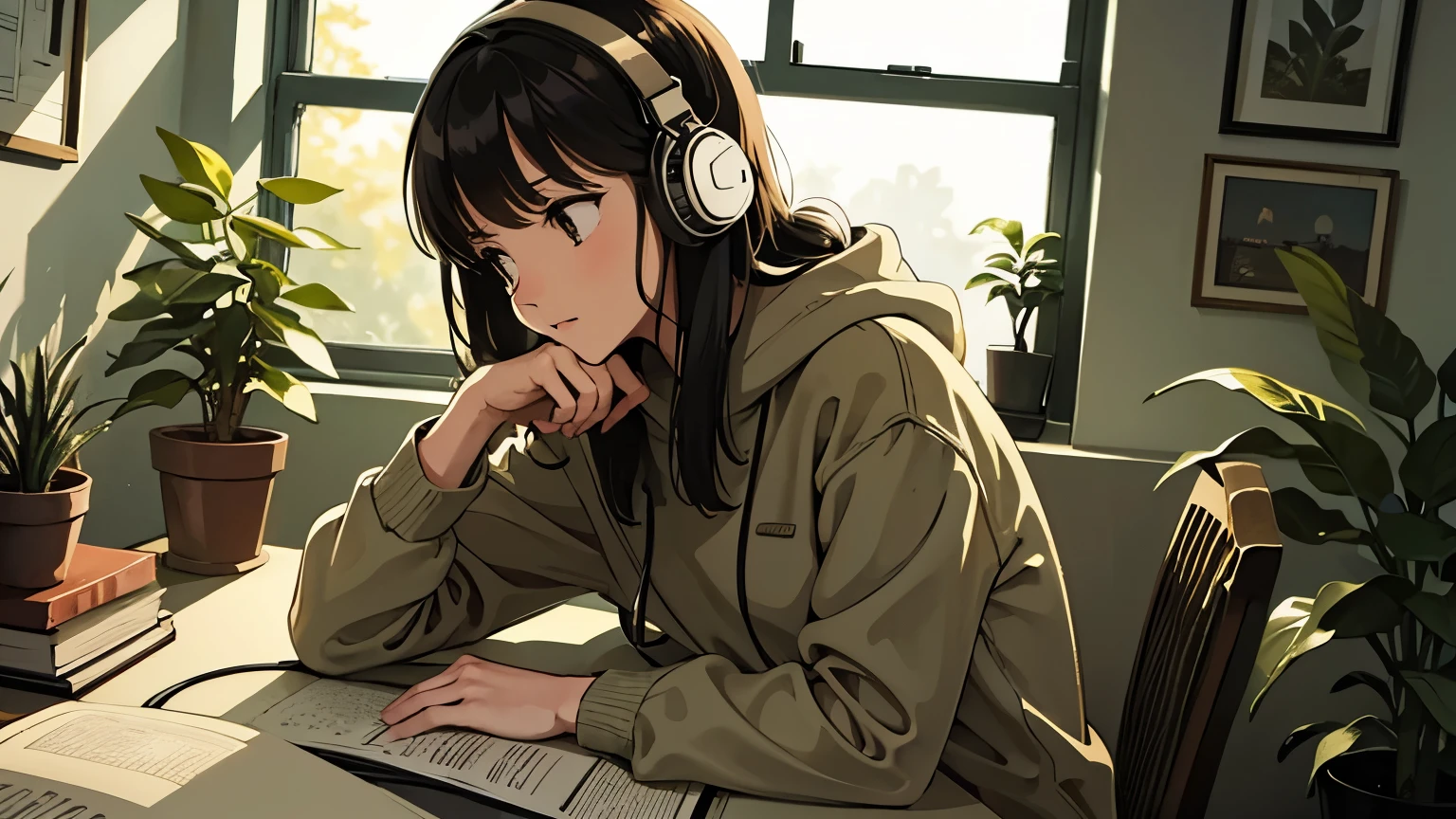 An intimate study room filled with books and plants, softly lit by a desk lamp. A girl in cozy attire is sitting at her desk, focused on her laptop while listening to lo-fi music through her headphones. The window reveals a peaceful night scene outside.