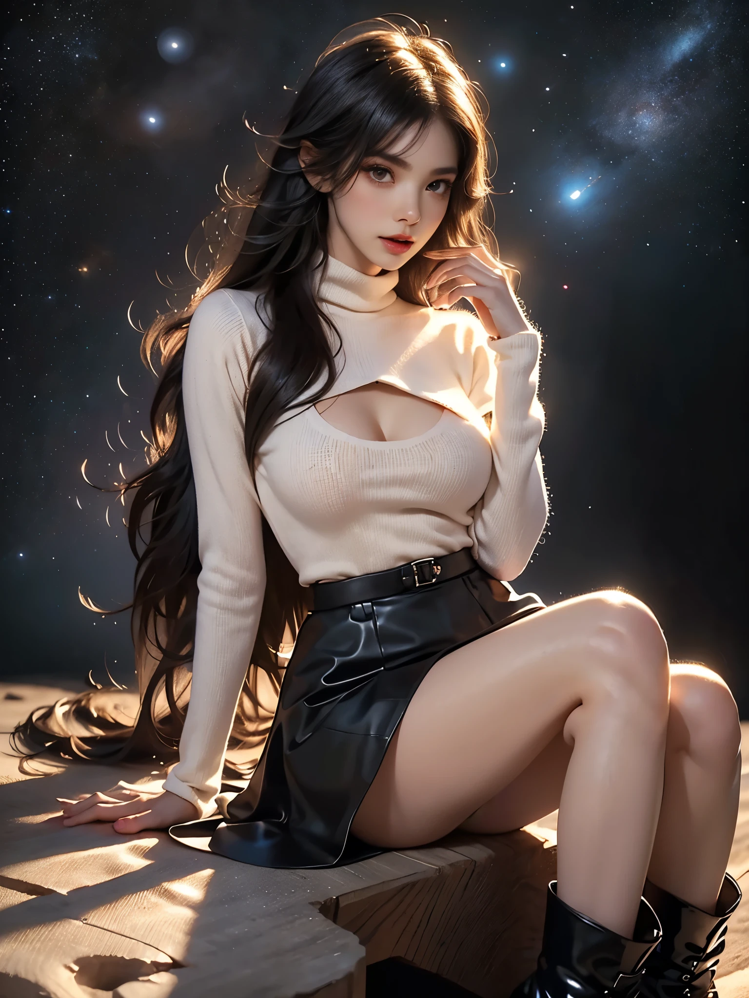 wh1t3,worn white sweater,black latex thighhighs,black skirt, black platform boots , ((full body)), ((Night, starry sky, space background, natural and comfortable sitting posture, knees naturally slightly bent)), (Asian beauty:1.3), girl, solo, ((sitting naturally on ground)), ((anatomically correct pose)), ((relaxed posture)), (very short hemline), (cute face), (toned body:1.2), (naturally large breasts:1.1), (visible cleavage:0.8), (smooth flawless skin:1.2), ((anatomically correct human legs)), ((realistic leg joints and muscles)), ((proper leg proportions)), (one hand in long flowing hair), (detailed facial features:1.2), (big bright eyes:1.1), (long eyelashes), charming smile, gentle expression, (professional studio lighting), (warm tones), (masterpiece:1.4), (best quality:1.3), (sharp focus:1.2), (photorealistic:1.2)