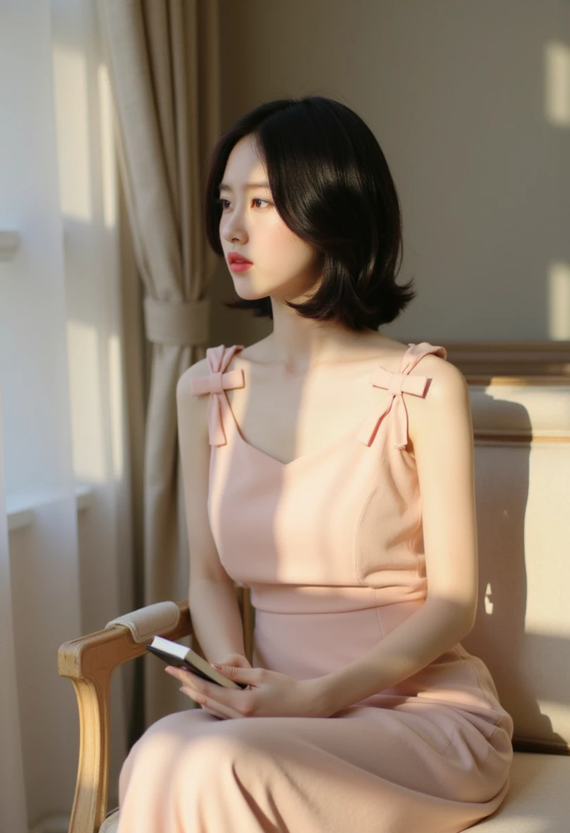 (((Masterpiece))), ((photography)), realistic, 8k, an image of a young woman sitting in soft sunlight, with shadows from a window casting stripes across her. She is wearing a light pink dress with delicate bow details on the shoulders and holding a small notebook in her lap. The lighting is gentle, giving the scene a peaceful and elegant atmosphere