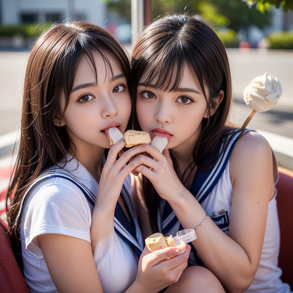 ((NSFW:0.5)),((Vanilla ice cream(((Supplement your diet with your mouth)))),"A hyper-realistic, ultra-high-definition image of two sisters wearing sailor-style school uniforms, enjoying vanilla ice pops on a warm day. The girls are captured mid-lick, with expressions of joy and contentment, savoring the creamy, delicious texture of the ice pops. Their skin has a lifelike texture with visible pores and soft highlights, showing a slight sheen due to the warm weather. The vanilla ice pops appear ultra-realistic, with subtle melting and a smooth, creamy surface. Their hair is finely detailed, with individual strands and natural light reflections. Soft, natural lighting creates a warm glow, enhancing the depth and realism of the scene. The background is slightly blurred, ensuring focus on their expressions and the delicious ice pops."