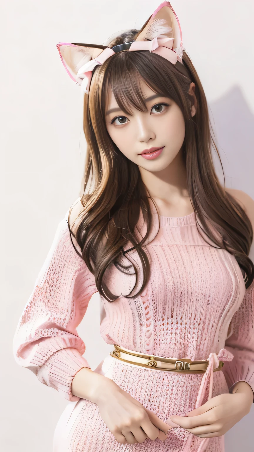 ((super high quality:1.2,super high quality:1.2,photo reality:1.2,ultra high resolution,super fine,alone,No medical defects,Not medically excessive)),(Perfectly balanced body),look at the camera,smile,blush,(double bun),(light brown hair),(very long hair),(V-neck sweater),Miniskater skirt,check,hairpin,hair ribbon,knee high boots,cowboy shot,put your hand on your chest