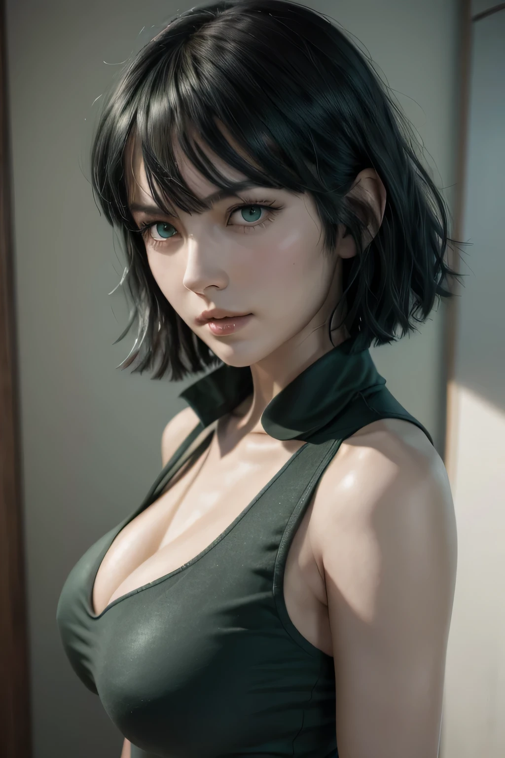 Fubuki from opm, realistic, age 28, pure white skin, green eyes, dark green bob hair, perfect face, perfect shape body, huge breasts, blush, 3d, front side pose