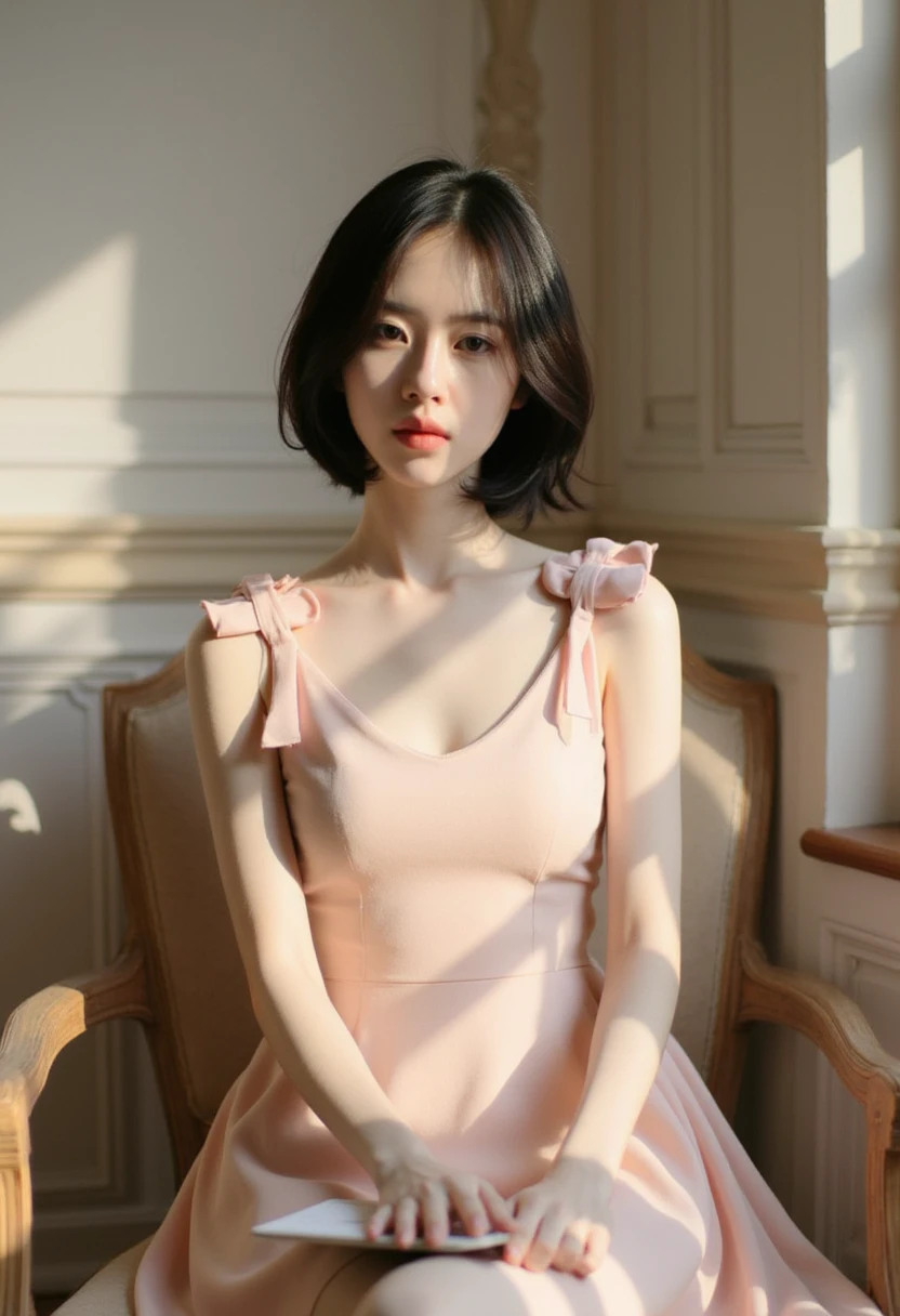 (((Masterpiece))), ((photography)), realistic, 8k, an image of a young woman sitting in soft sunlight, with shadows from a window casting stripes across her. She is wearing a light pink dress with delicate bow details on the shoulders and holding a small notebook in her lap. The lighting is gentle, giving the scene a peaceful and elegant atmosphere