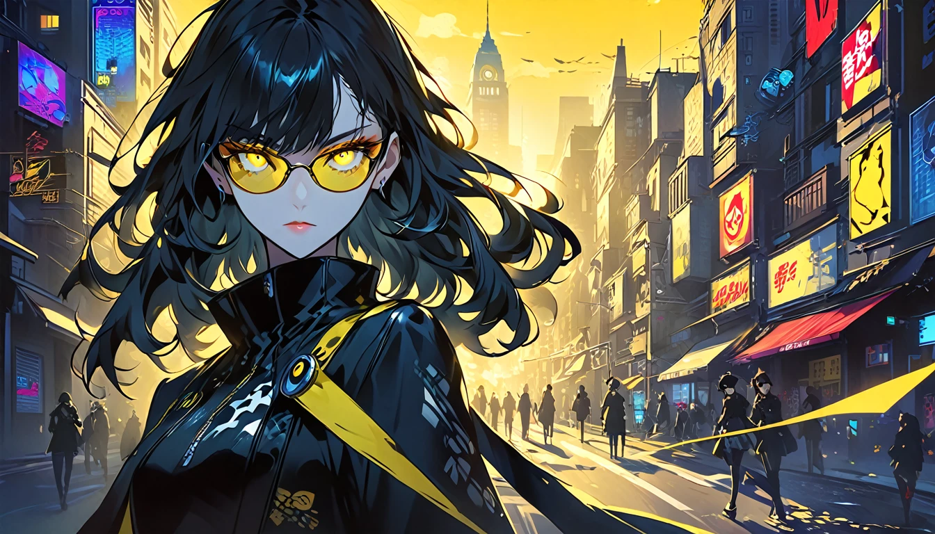  anime girl with sunglasses in her hair,  Guweiz style artwork ,  digital illustration style ,  animation style  일러스트,  animation style  4k, Yellow eyed , with glowing eyes,  animation style . 8k, author：heroes,   Persona 5 art style WLOP  ,  Morning City ,  Very Detailed ,  surreal , 8k, Black hair