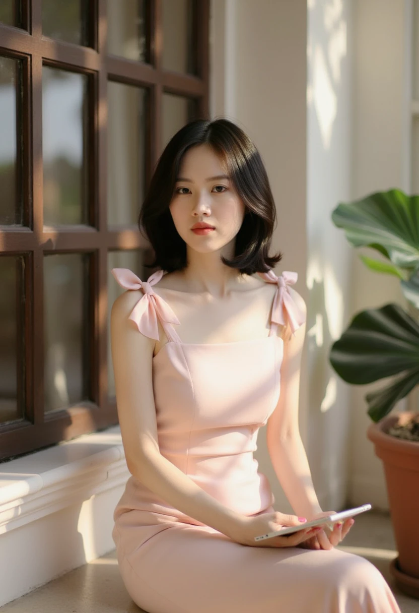 (((Masterpiece))), ((photography)), realistic, 8k, an image of a young woman sitting in soft sunlight on veranda of luxury hotel, with shadows from a window casting stripes across her. She is wearing a light pink dress with delicate bow details on the shoulders and holding a small notebook in her lap. The lighting is gentle, giving the scene a peaceful and elegant atmosphere