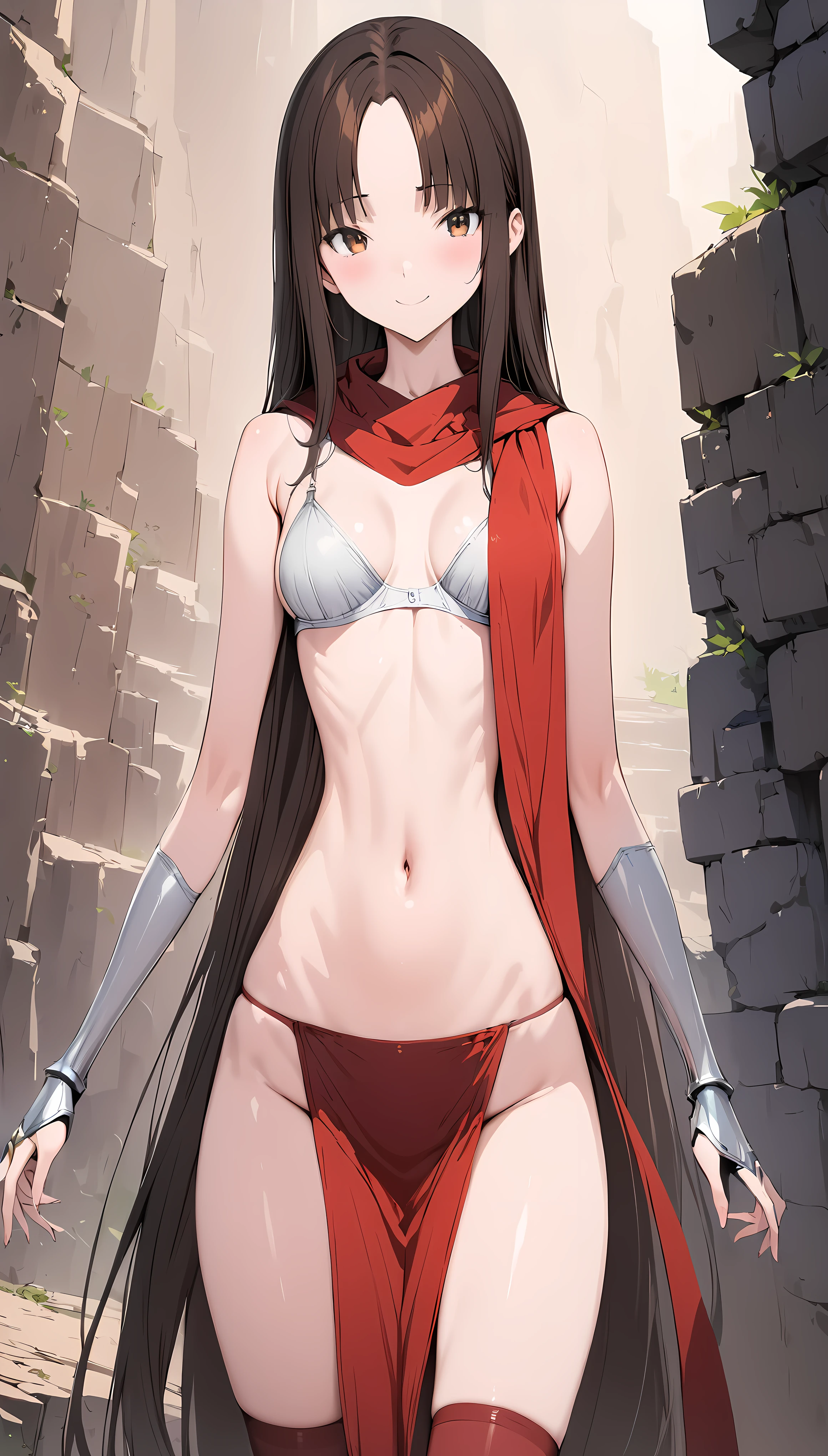 Fantasy art、((masterpiece,best quality anime,Highest quality:1.3)),realistic,cowboy shot,1woman,(Mature Beauty),((very small head:1.4)),((very long body:1.3)),long hair,black hair,bangs,(gorgeous big eyes),black eyes,smile,((slender body:1.3,skinny)),medium breasts,(mage dress,Red tube top bra、navel、red loincloth、Leather Gauntlets),castle town、A world of magic and fantasy、