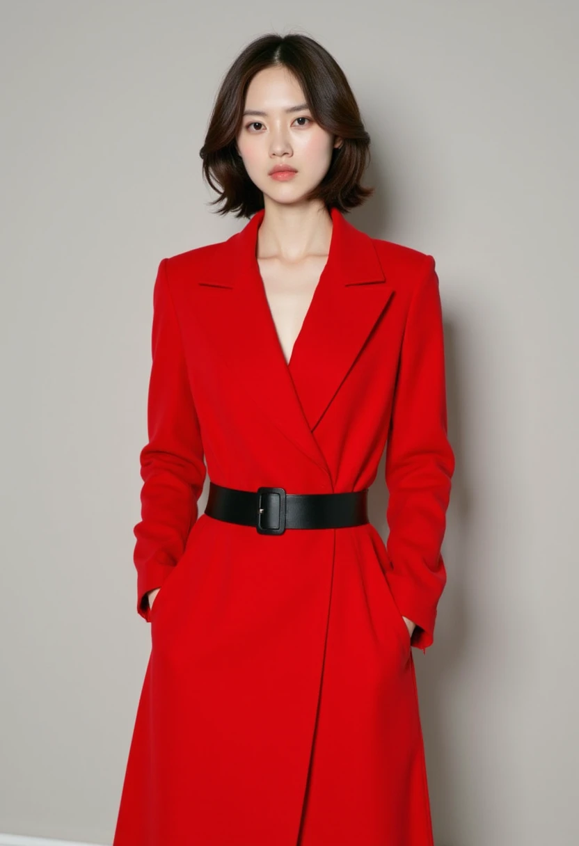 (((Masterpiece))), ((photography)), realistic, 8k,  an image of an elegant young woman wearing a long, bright red coat with a black leather belt at the waist. She has soft, loosely styled hair, with a calm and poised expression. The background is light gray, emphasizing the vivid color of the coat and the sophistication of her look.