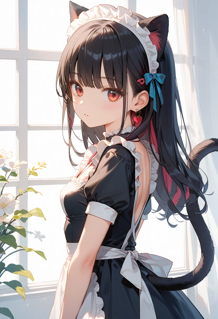 Score_9,Score_8_up,Score_7_up,highest quality anime,,masterpiece,1 girl,slim,small breasts,(Ideal slender proportions),(black_long_hair,straight_bangs,maid costume),(showing her cat tail),(view from back:1.2),being shy