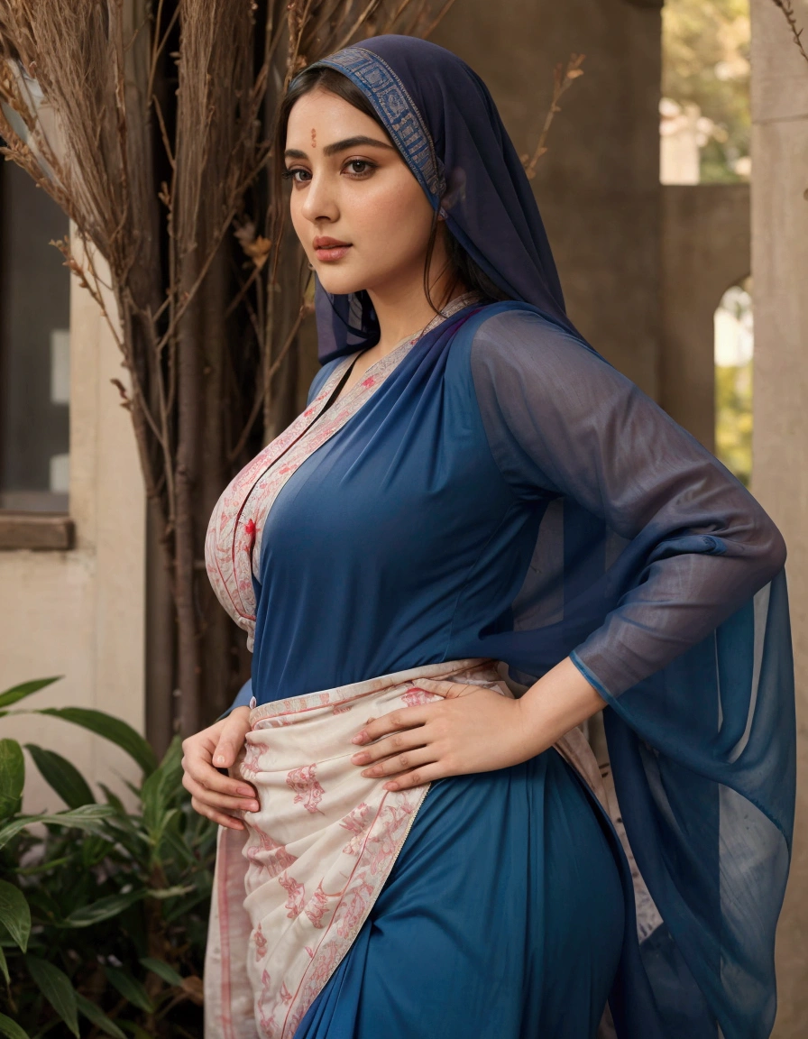 A beautiful Muslim girl wearing hijab with blue dress and a grey shawl, traditional beauty, wearing a silk kurta, chiffon cloth shawl, in shades of peach, Indian style, traditional clothes, evening at dusk, detailed portrait shot, professional photograph of RAW photo, photorealistic, [: intricate details:0.3], best quality, with brown hair, detailed skin, (like a plus size:1.1), (beautiful round shape breasts:1.1), (big ass:1.1), ( white, red, blue, colour saree with blouse), 1girl, graceful body structure, from the front, looking at the viewer, cowboy shot, in outdoor London town city, natural colour, perfect viewpoint, highly detailed, wide-angle lens, hyper-realistic, with dramatic sky, polarizing filter, natural lighting, vivid colours, everything in sharp focus, HDR, UHD, K Photorealistic, Hyper-realistic, Hyperdetailed, analogue style, detailed skin, matte skin, soft lighting, subsurface scattering, realistic, heavy shadow, masterpiece, best quality, ultra-realistic, 8k, golden ratio, Intricate, High Detail, film photography, soft focus