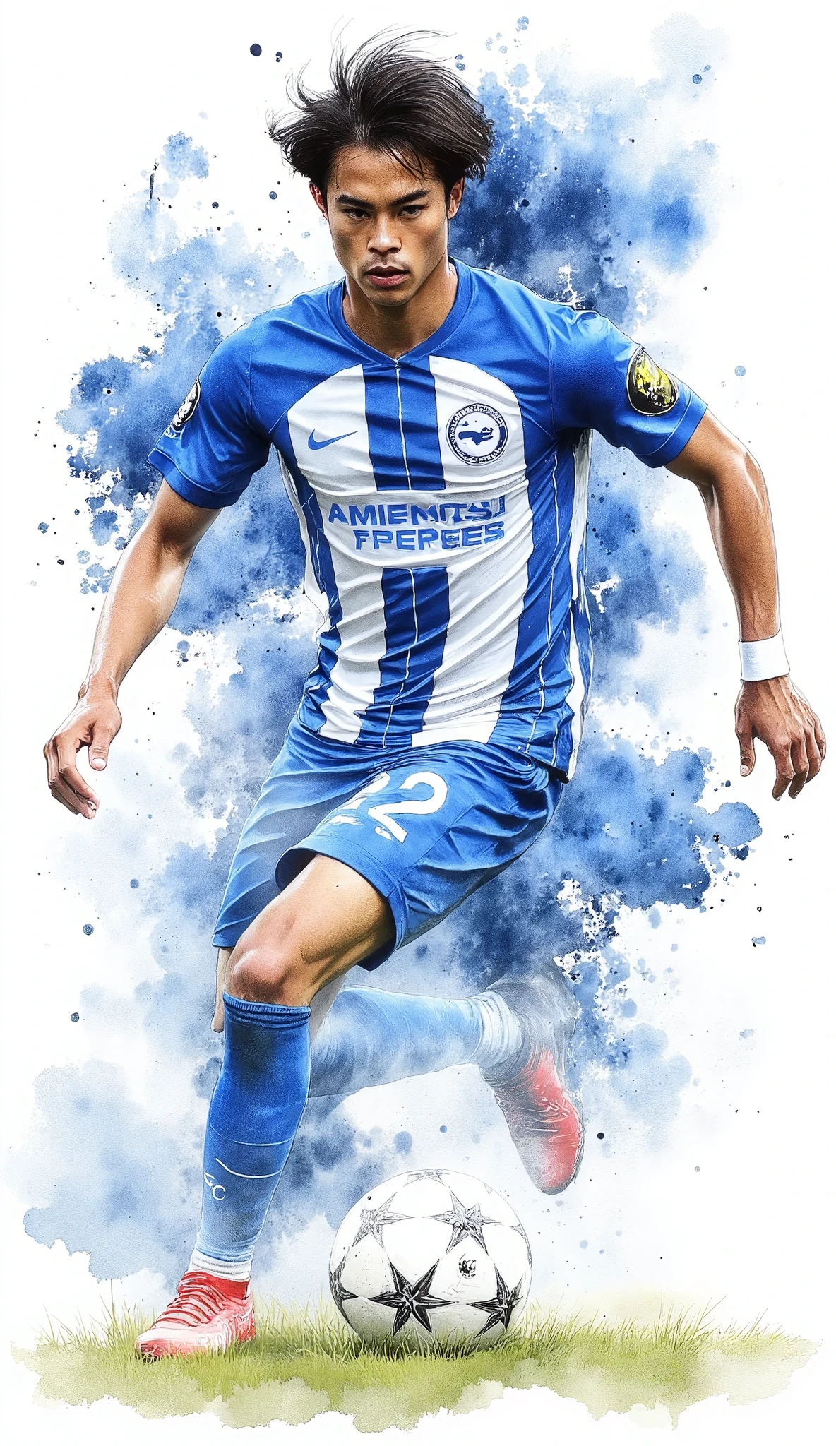 (masterpiece:1.2,Exceptional Quality,Mirror-like, Cinematic Experience , best illustration ,Super detailed),8k,wallpaper,,(male:2.0),( soccer player:2.0),(Premier League:2.0),( Brighton:2.0),( blue and white striped uniform:2.0),(Mitoma ),(front:2.0),( dribble:2.0),( dynamic :2.0,(front),(whole body),(Serious),(Detailed handsの描画),(The background is a flashy effect drawing of electrical discharge :2.0),(dynamic),(The background is a soccer stadium:2.0),(Detailed face drawing:2.0),(Detailed hands:2.0),(Number 22 ),("22"),(Watercolor:2.0)