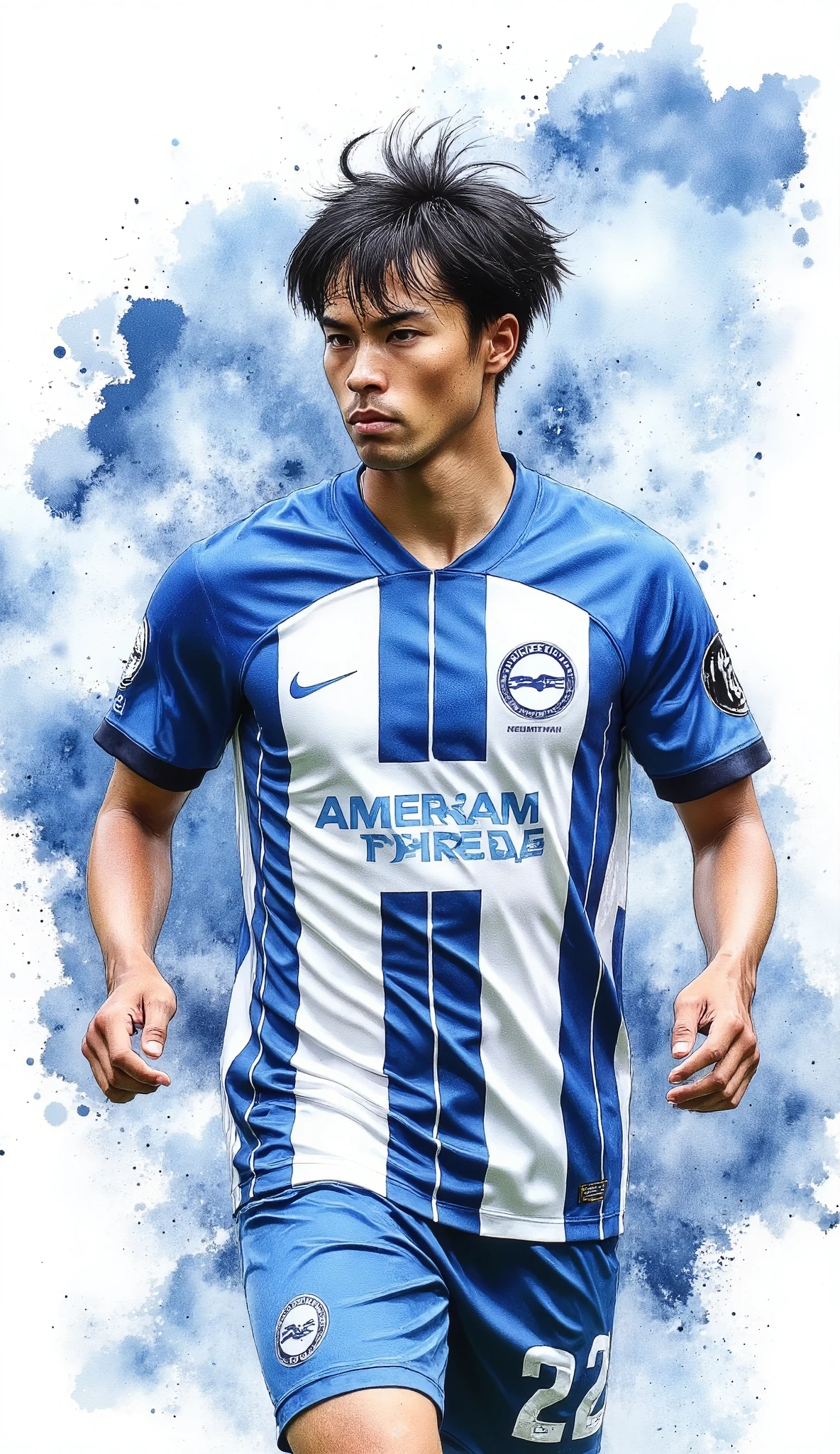 (masterpiece:1.2,Exceptional Quality,Mirror-like, Cinematic Experience , best illustration ,Super detailed),8k,wallpaper,,(male:2.0),( soccer player:2.0),(Premier League:2.0),( Brighton:2.0),( blue and white striped uniform:2.0),(Mitoma ),(front:2.0),( dribble:2.0),( dynamic :2.0,(front),(whole body),(Serious),(Detailed handsの描画),(The background is a flashy effect drawing of electrical discharge :2.0),(dynamic),(The background is a soccer stadium:2.0),(Detailed face drawing:2.0),(Detailed hands:2.0),(Number 22 ),("22"),(Watercolor:2.0)