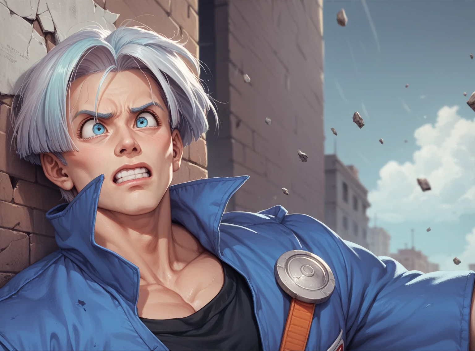 Trunkz,  Dragon Ball Z, detailed expressive eyes, nervous expression, he is looking up, extremely muscular, sword handle and pommel,  masterpiece, best quality,  high resolution, destroyed city background, cracks in wall, 