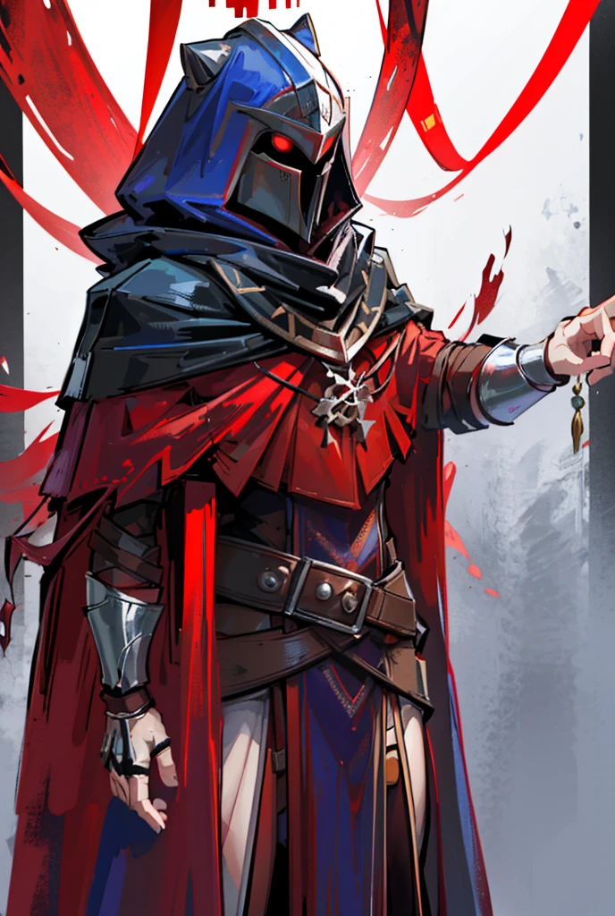 1boy, standing portrait, Central Focus, Centered, Fully in-frame, Solo, Standing still, zoomed out, Ritual Mask

Gender: male

Appearance: Ritual Mask, mysterious hooded figure in a long red hooded cloak wearing a medieval knight chestplate and a mask with glowing runes